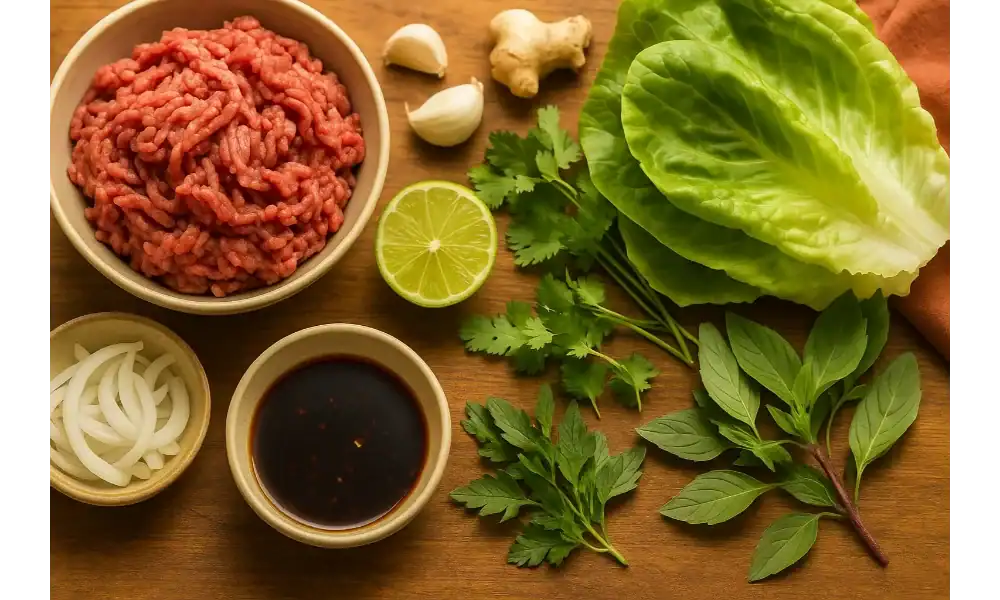Fresh ingredients for Vietnamese beef lettuce wraps including ground beef, lettuce leaves, herbs, lime, onion, garlic, ginger, and sauce on a wooden table.