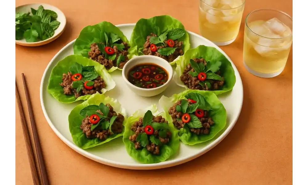 Vietnamese beef lettuce wraps with ground beef, herbs, chili, and dipping sauce served with iced tea on a dinner table.