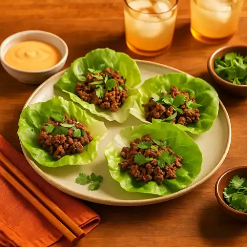 Vietnamese beef lettuce wraps with ground beef and cilantro served with dipping sauce and iced tea.
