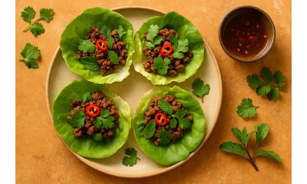 Vietnamese beef lettuce wraps with ground beef, herbs, and chili served with dipping sauce on a rustic plate.