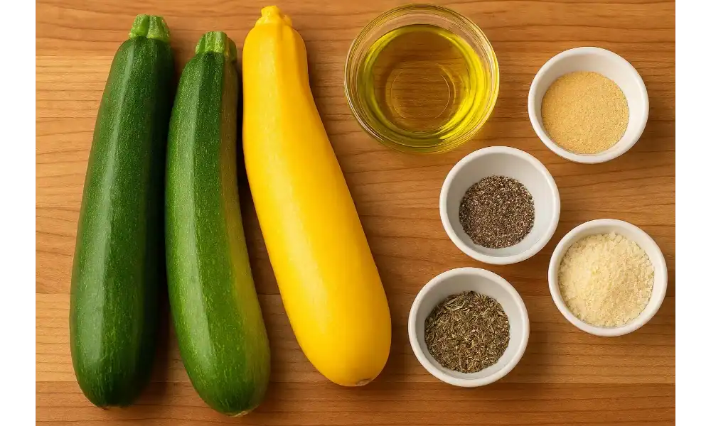 Fresh zucchini, yellow squash, olive oil, herbs, and spices on a wooden surface.