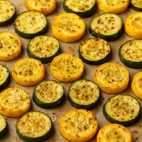 Roasted zucchini and yellow squash slices on a baking sheet with herbs and seasoning.