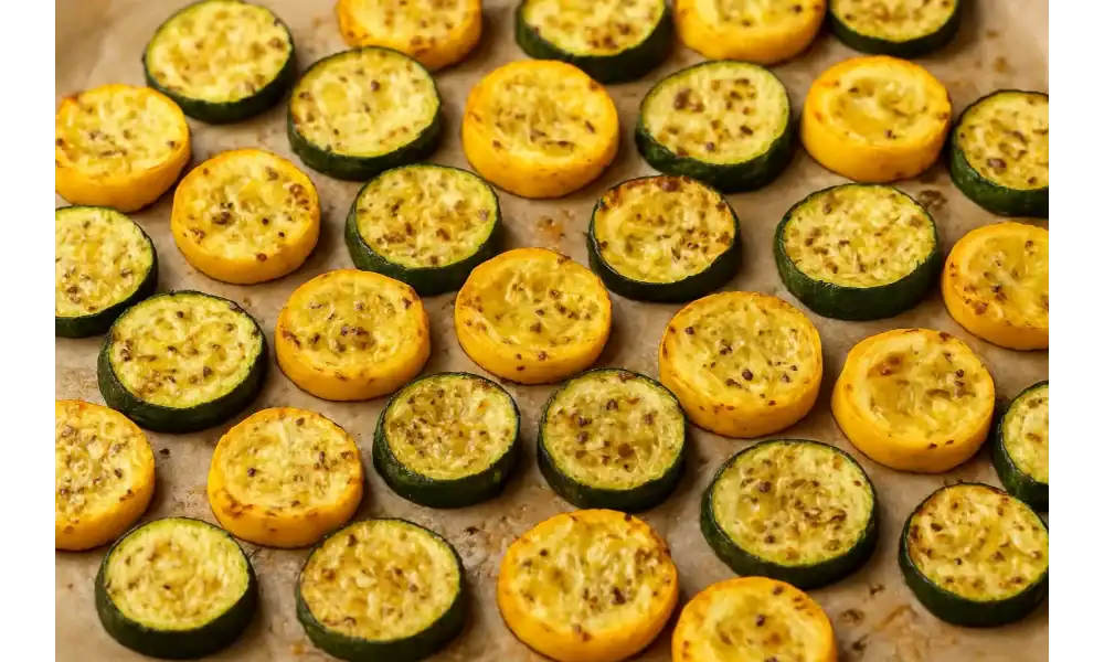 Roasted zucchini and yellow squash slices on a baking sheet with herbs and seasoning.