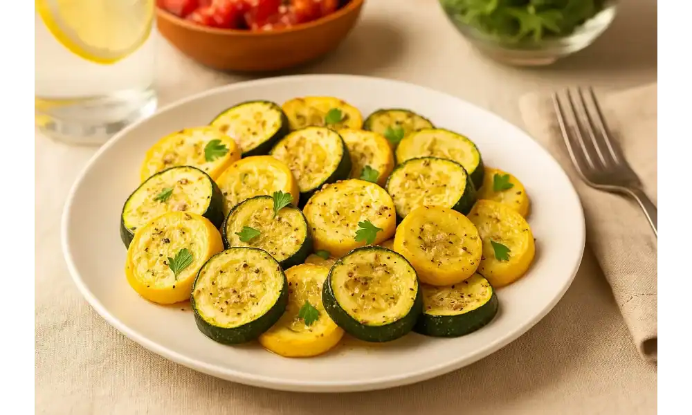 Plate of roasted zucchini and yellow squash garnished with parsley, served with summer sides.