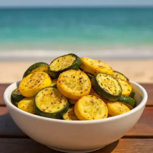 Bowl of roasted zucchini and yellow squash served at the beach.