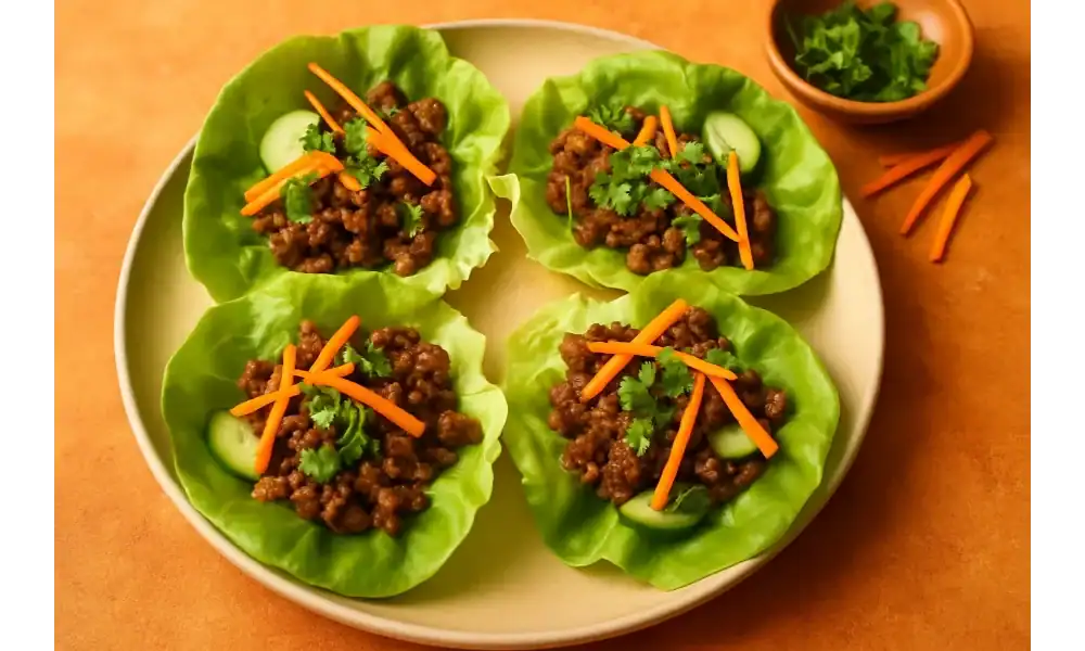 Four fresh beef and lettuce wraps filled with ground beef, cucumber slices, carrots, and cilantro served on a plate.