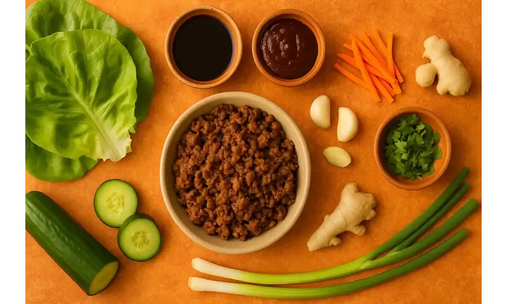 Fresh ingredients for beef and lettuce wraps including ground beef, butter lettuce, cucumber, garlic, ginger, carrots, cilantro, green onions, soy sauce, and hoisin sauce on a warm background.
