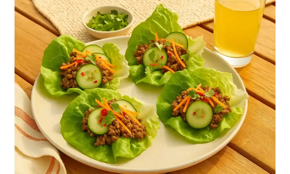 Plate of beef and lettuce wraps filled with ground beef, cucumber slices, carrots, cilantro, and chili flakes, served outdoors with a glass of juice.