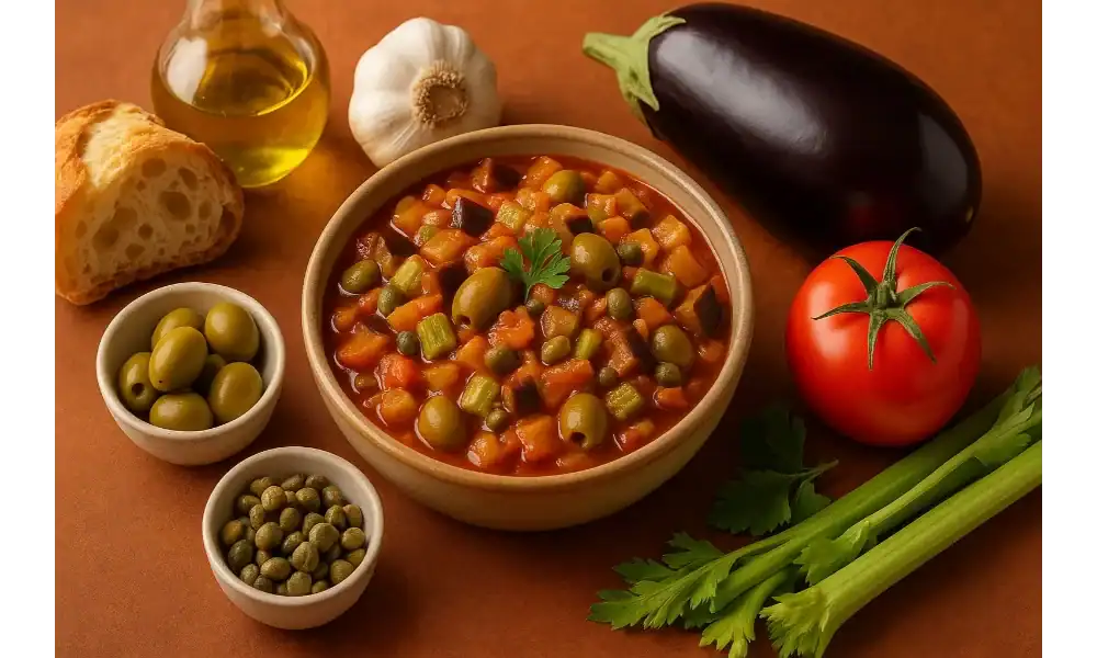 Bowl of traditional Sicilian caponata—eggplant, tomatoes, celery, green olives, and capers—surrounded by fresh ingredients on a warm backdrop.
