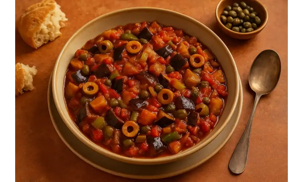 Shallow ceramic bowl of traditional Sicilian caponata—diced eggplant, tomatoes, celery, green olives, and capers—on a warm terracotta surface with bread, a small bowl of capers, and a vintage spoon.