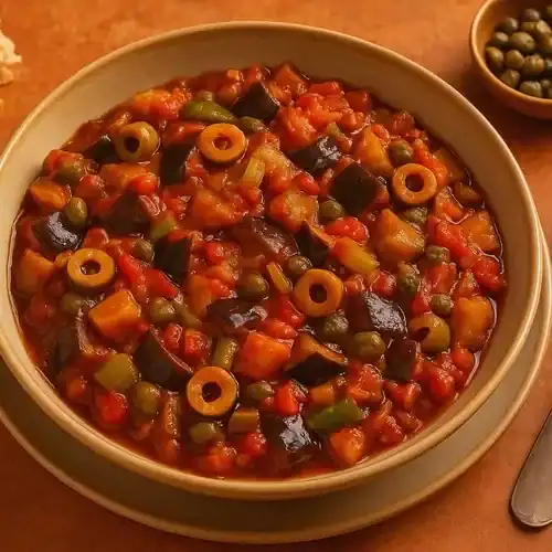 Bowl of traditional Sicilian caponata—eggplant, tomatoes, celery, green olives, and capers—in a shallow ceramic dish on a warm terracotta surface.