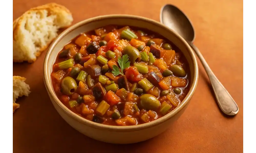 Rustic bowl of traditional Sicilian caponata—eggplant, tomatoes, celery, green olives, and capers—with crusty bread and a spoon on a warm backdrop.