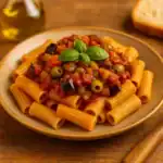 Close-up of rigatoni topped with Sicilian caponata—eggplant, tomatoes, celery, green olives, and capers—garnished with basil on a rustic plate, with olive oil and bread in warm light.