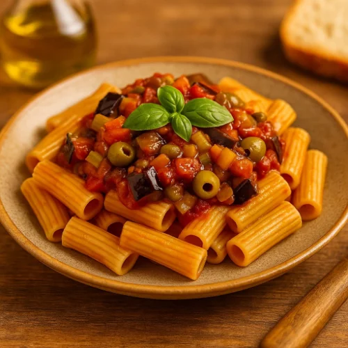 Close-up of rigatoni topped with Sicilian caponata—eggplant, tomatoes, celery, green olives, and capers—garnished with basil on a rustic plate, with olive oil and bread in warm light.