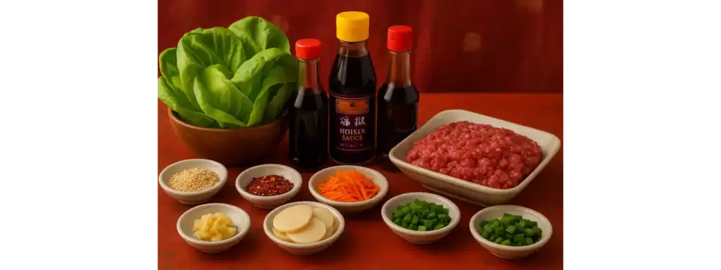 Fresh ingredients for Chinese beef lettuce wraps including ground beef, lettuce leaves, hoisin sauce, soy sauce, garlic, ginger, sesame seeds, scallions, and carrots arranged on a warm-toned table.