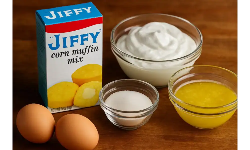 Ingredients for Jiffy cornbread with sour cream including Jiffy mix, sour cream, eggs, sugar, and melted butter on a wooden table.