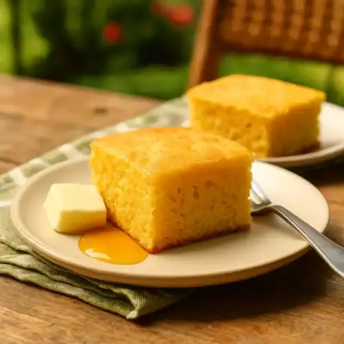 A slice of Jiffy cornbread with sour cream served on a plate with butter and honey on a rustic summer brunch table.