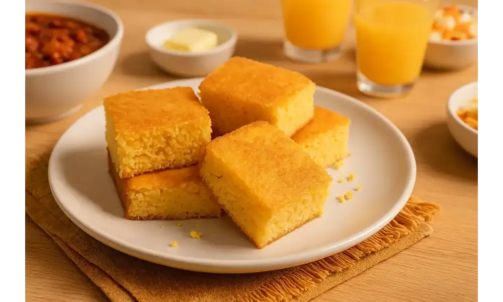 Plate of golden Jiffy cornbread with sour cream served at a brunch table with butter, chili, and orange juice.