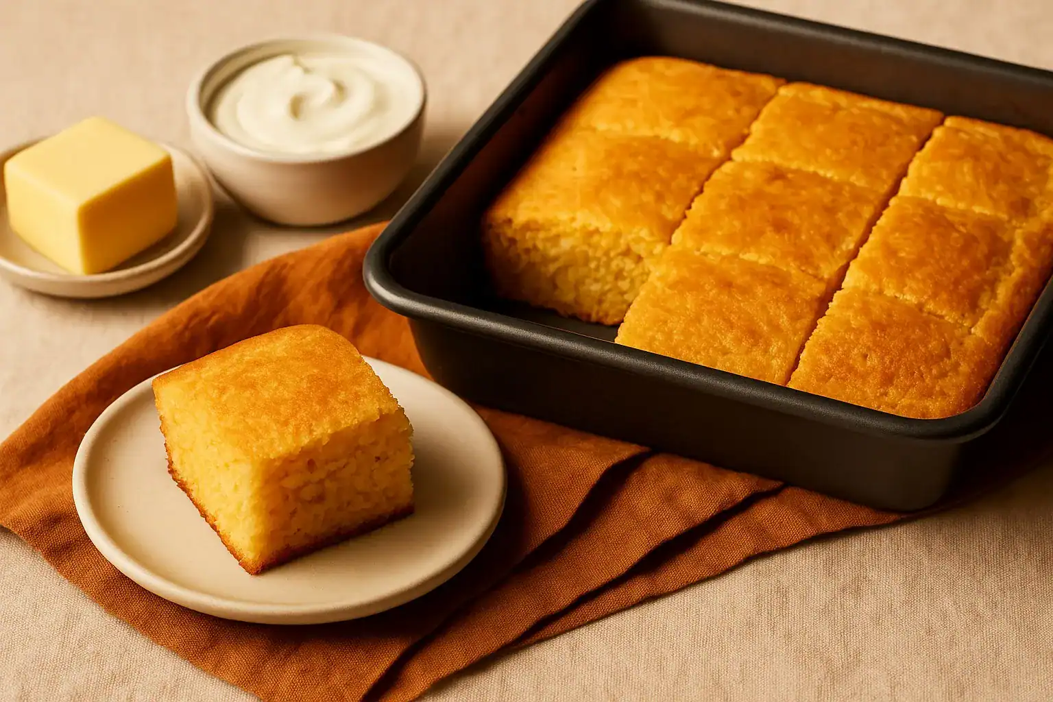 Fluffy squares of Jiffy cornbread with sour cream served on a white plate with warm brunch sides.
