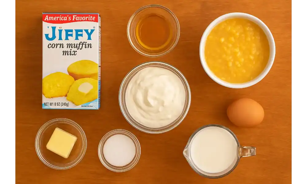 Ingredients for Jiffy cornbread including Jiffy mix, egg, milk, butter, sour cream, honey, sugar, and creamed corn on a wooden table.