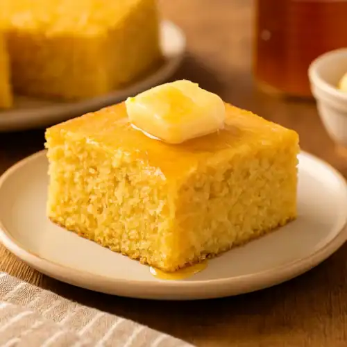 A square slice of golden cornbread topped with melting honey butter, served on a ceramic plate.