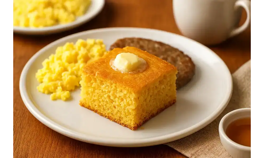 A slice of golden Jiffy cornbread with butter on top, served with scrambled eggs and a sausage patty on a white plate.