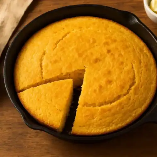 Freshly baked golden Jiffy cornbread in a cast-iron skillet with a slice cut out, served on a wooden table.