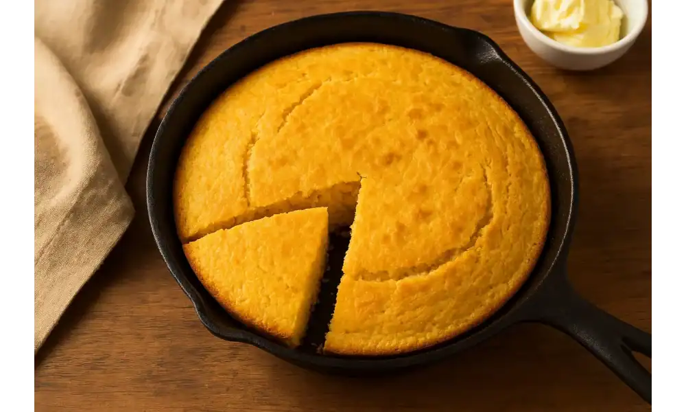 Freshly baked golden Jiffy cornbread in a cast-iron skillet with a slice cut out, served on a wooden table.