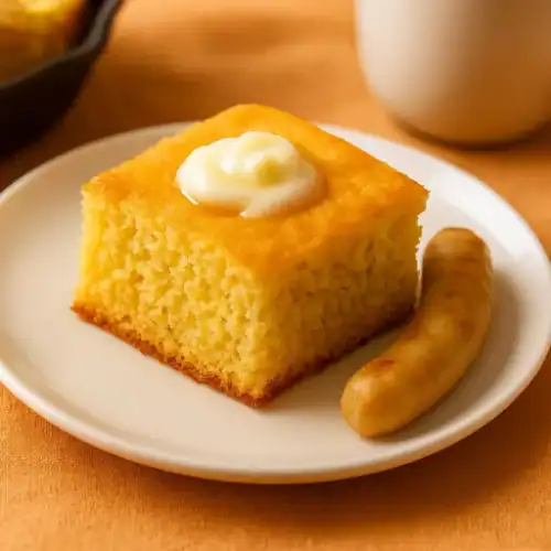 A square slice of Jiffy cornbread topped with butter, served on a white plate with a sausage link.