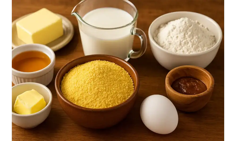 Cornbread ingredients on a rustic wooden table, including cornmeal, eggs, butter, honey, flour, and buttermilk.