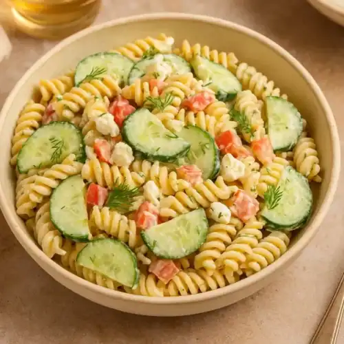 Creamy cucumber pasta salad with rotini, cucumber slices, cherry tomatoes, and dill served in a ceramic bowl.