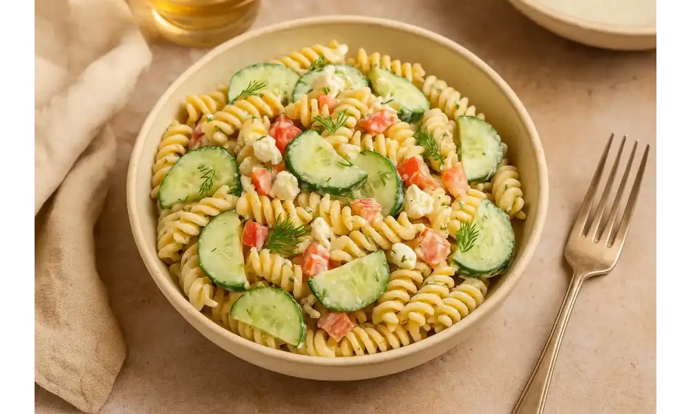 Creamy cucumber pasta salad with rotini, cucumber slices, cherry tomatoes, and dill served in a ceramic bowl.
