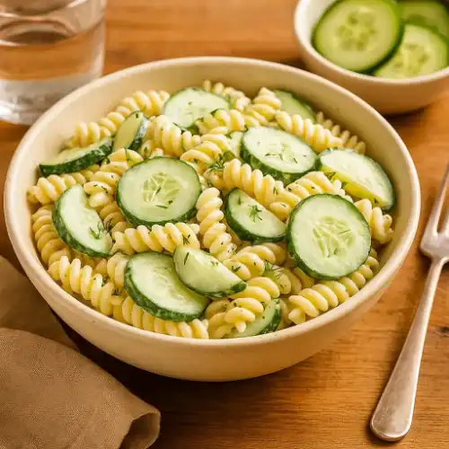 Bowl of cucumber pasta salad with rotini, cucumber slices, and fresh dill served on a wooden table.