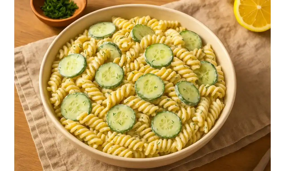 Creamy cucumber pasta salad with rotini pasta and cucumber slices in a ceramic bowl.