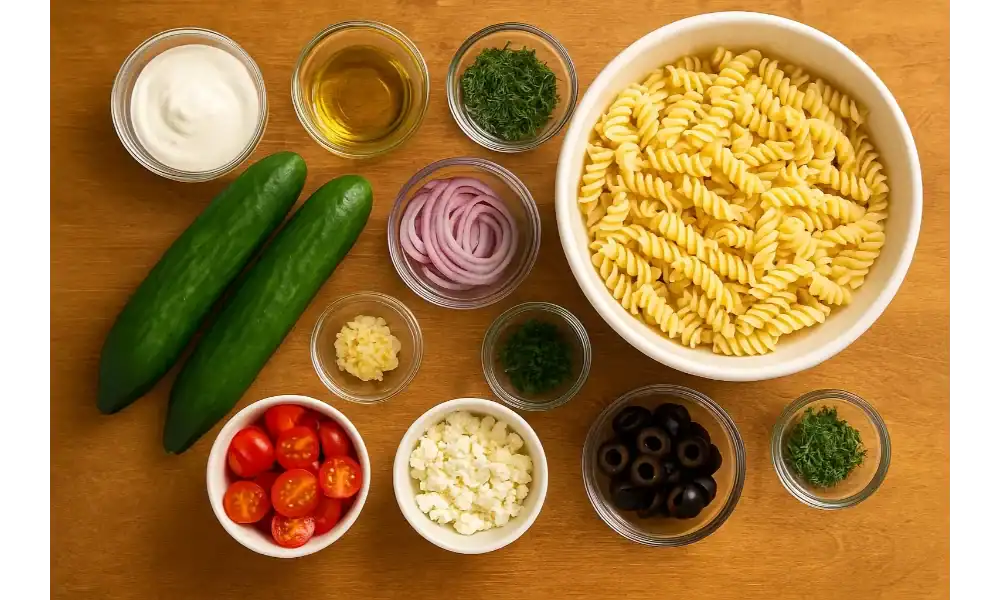 Fresh ingredients for cucumber pasta salad including cucumbers, rotini pasta, cherry tomatoes, red onion, feta cheese, olives, yogurt, olive oil, garlic, and dill arranged on a wooden table.