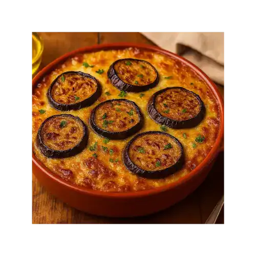 Close-up of baked moussaka topped with roasted eggplant slices in a red dish.