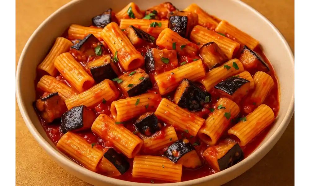 Bowl of rigatoni pasta with roasted eggplant and rich tomato sauce.