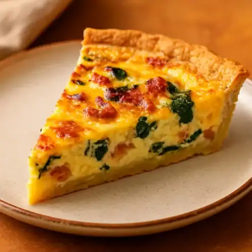 A close-up of a slice of quiche with a golden crust, creamy egg filling, spinach, and crispy bacon on a beige ceramic plate.