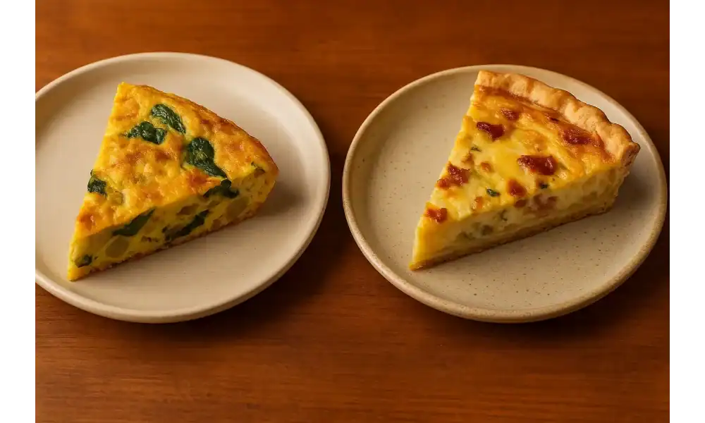 A slice of spinach frittata and a slice of quiche with bacon and cheese served side by side on beige plates over a wooden table.