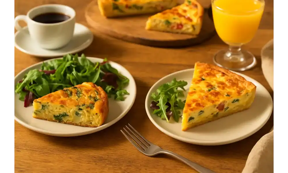 A brunch setting featuring a slice of spinach frittata and a slice of quiche with leafy greens, served with coffee and orange juice on a wooden table.
