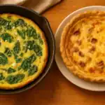 Top-down view of a spinach frittata in a cast iron skillet and a bacon quiche in a golden crust, both on a wooden surface.
