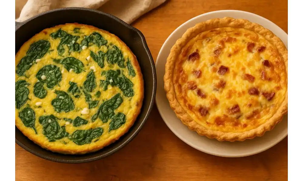Top-down view of a spinach frittata in a cast iron skillet and a bacon quiche in a golden crust, both on a wooden surface.
