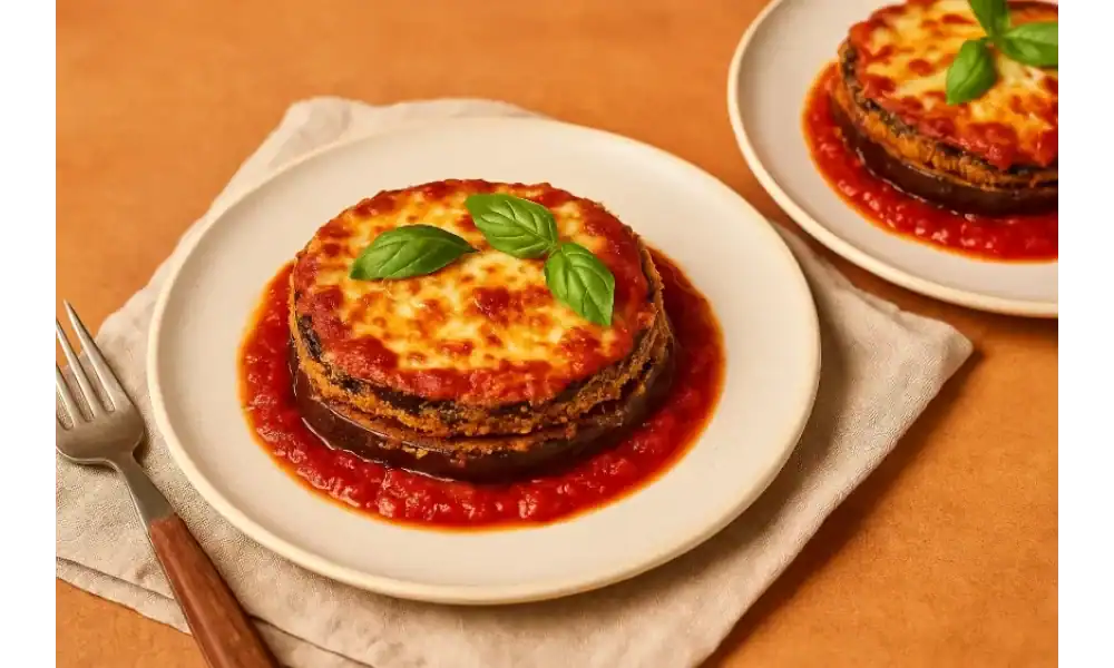 Stacked gluten-free Eggplant Parmesan served on a white plate with marinara sauce and fresh basil on top.