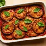 A casserole dish of gluten-free Eggplant Parmesan topped with golden cheese, marinara sauce, and fresh basil leaves.