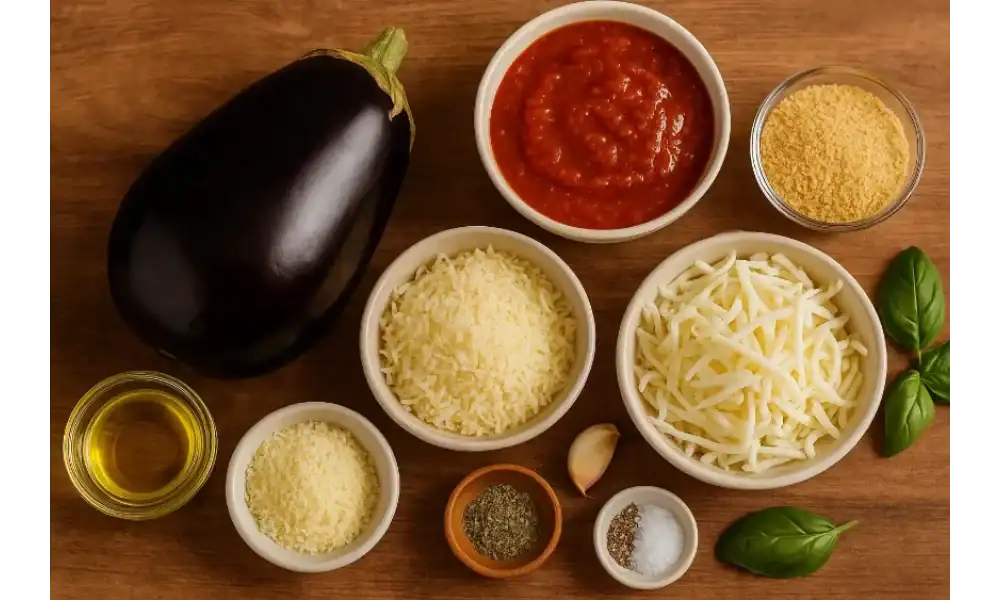 Ingredients for gluten-free Eggplant Parmesan including eggplant, tomato sauce, cheeses, gluten-free breadcrumbs, olive oil, and fresh herbs.