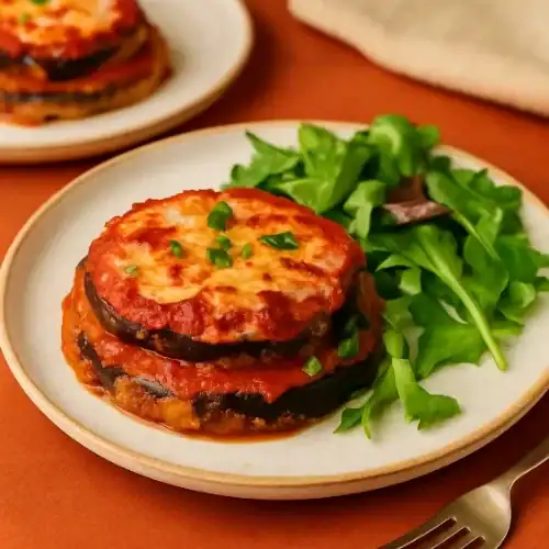 A plated serving of gluten-free Eggplant Parmesan with melted cheese and a side of fresh arugula on a white dish.