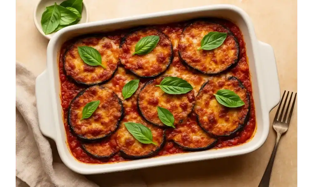 A casserole dish of gluten-free Eggplant Parmesan topped with golden cheese, marinara sauce, and fresh basil leaves.