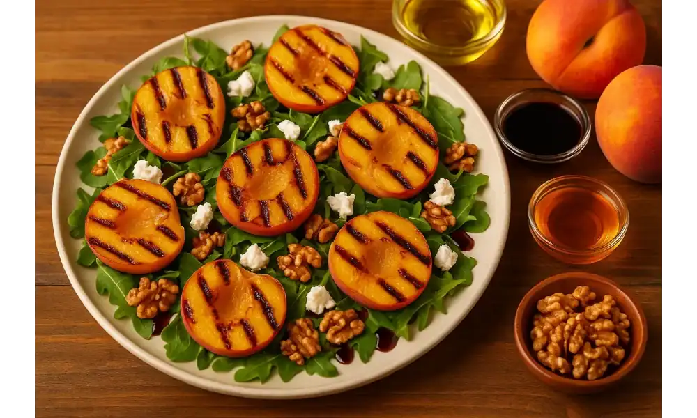 Grilled peach salad with arugula, goat cheese, walnuts, and balsamic glaze on a plate.