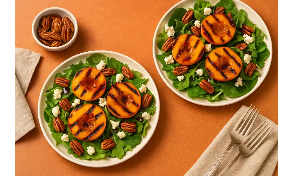 Two plates of grilled peaches salad with arugula, goat cheese, and pecans served on a warm-toned table.