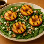 Grilled peaches salad with arugula, goat cheese, and walnuts drizzled with balsamic glaze.